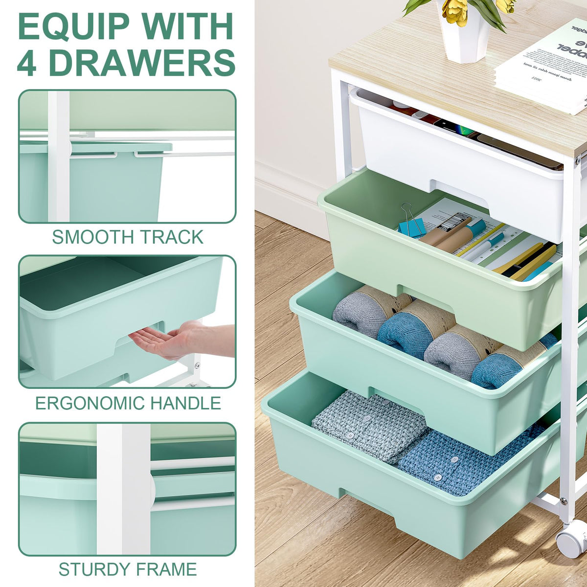 Rolling Cart with Drawers, 4-Drawer Utility Cart, Green T3843