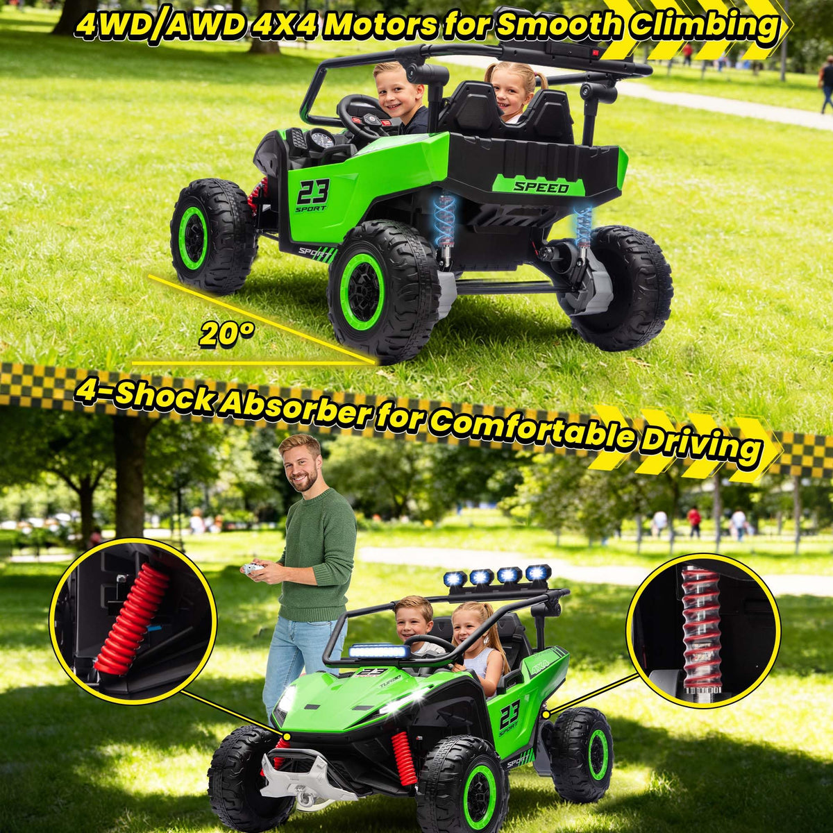 2-Seater Kids UTV with 4x200W Motor, 3-6MPH, Green U785