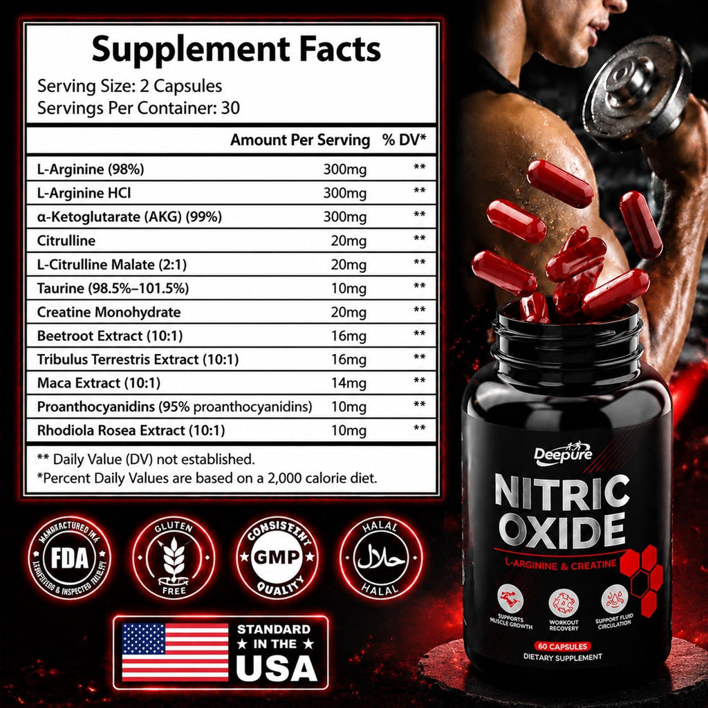 Nitric Oxide Booster with L-Arginine, Creatine, Citrulline & Beetroot, 60 Capsules H648683