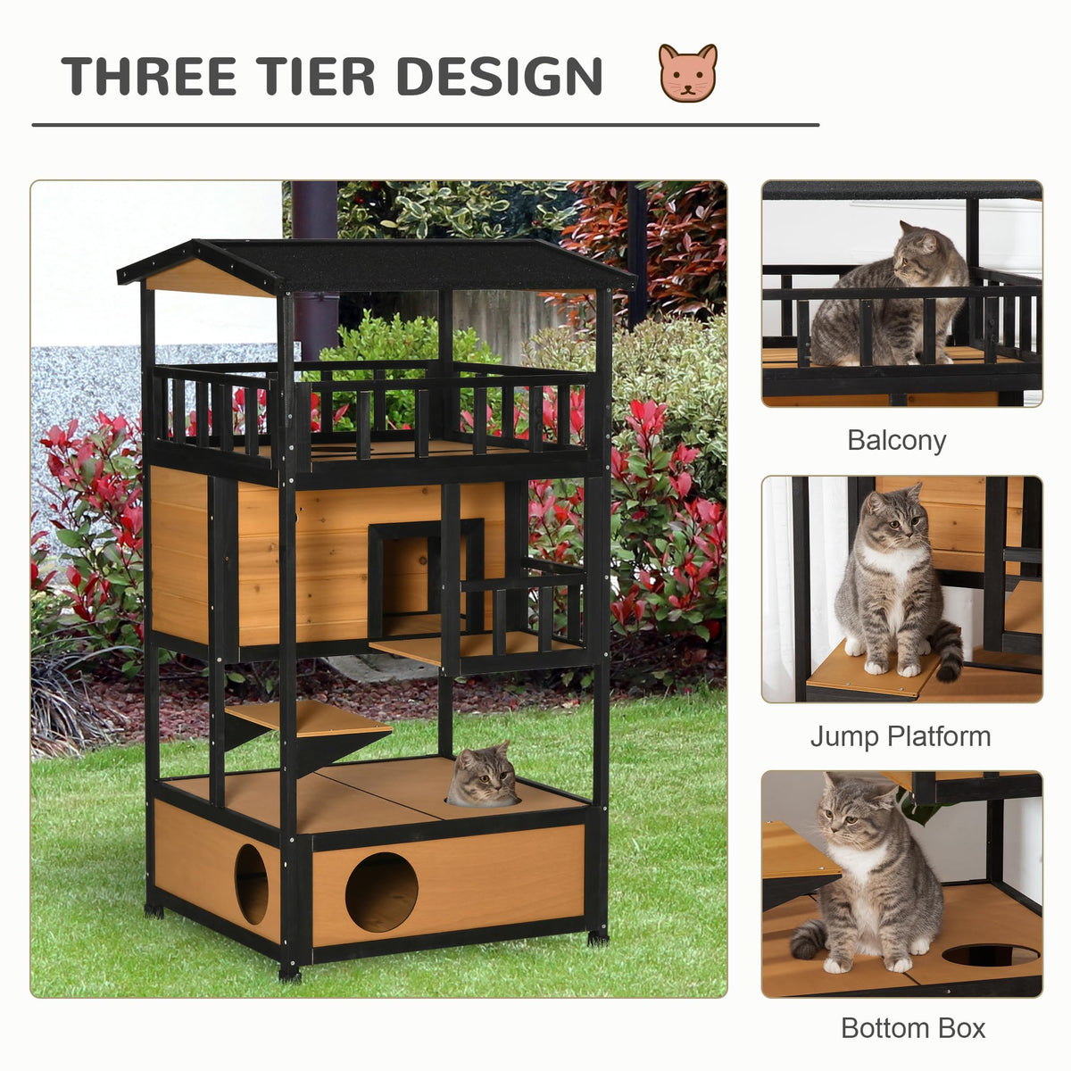 3-Story Wooden Outdoor Cat House with Raised Floor G13303