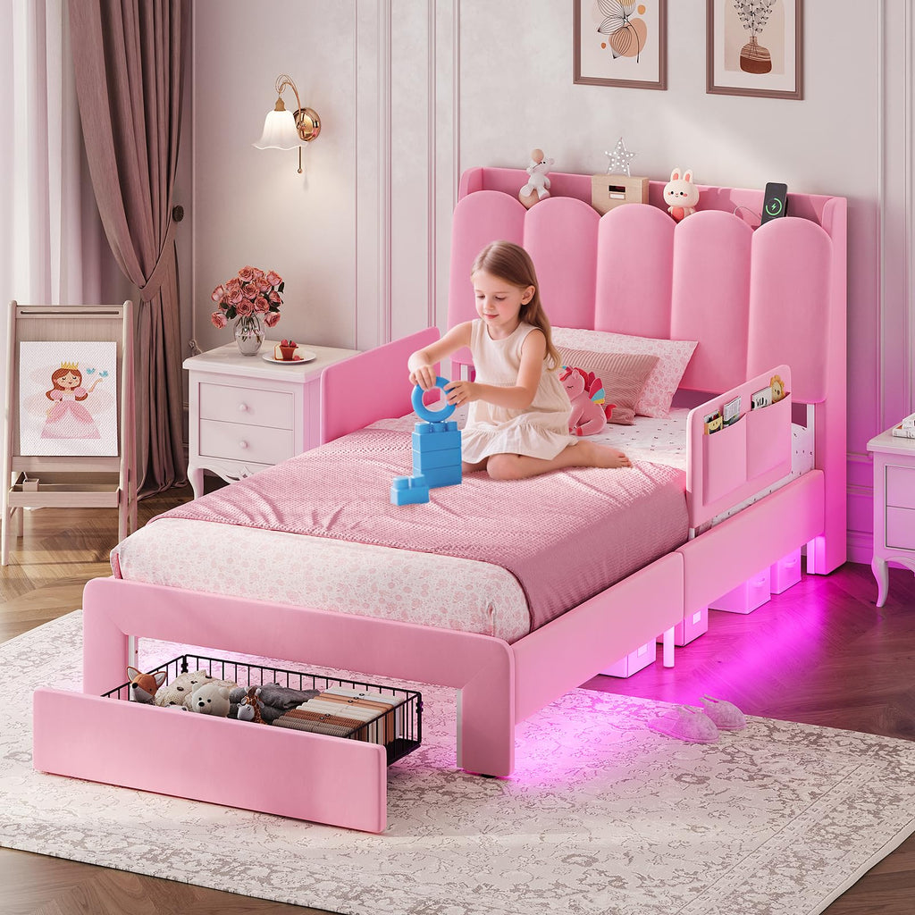 Pink Velvet Upholstered Twin Size Platform Bed with Storage Drawer O796972