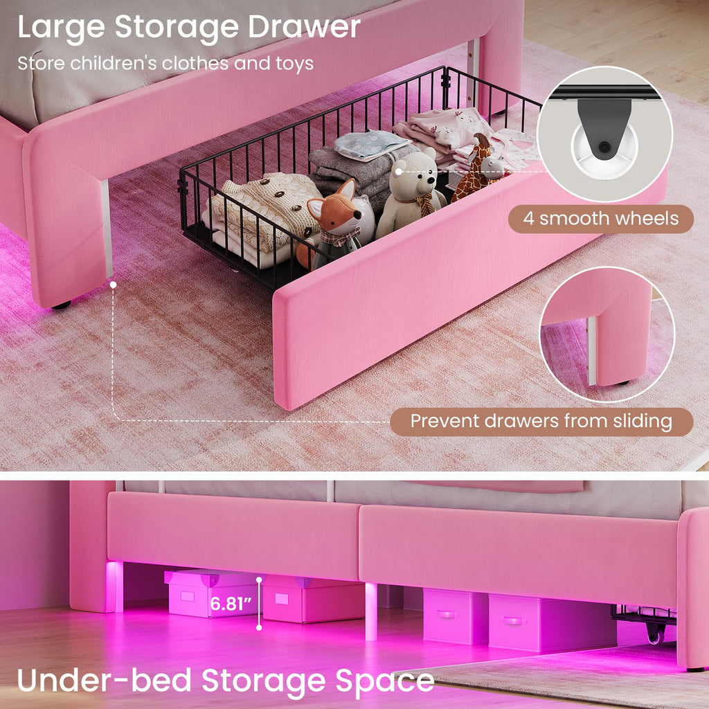 Pink Velvet Upholstered Twin Size Platform Bed with Storage Drawer O796972