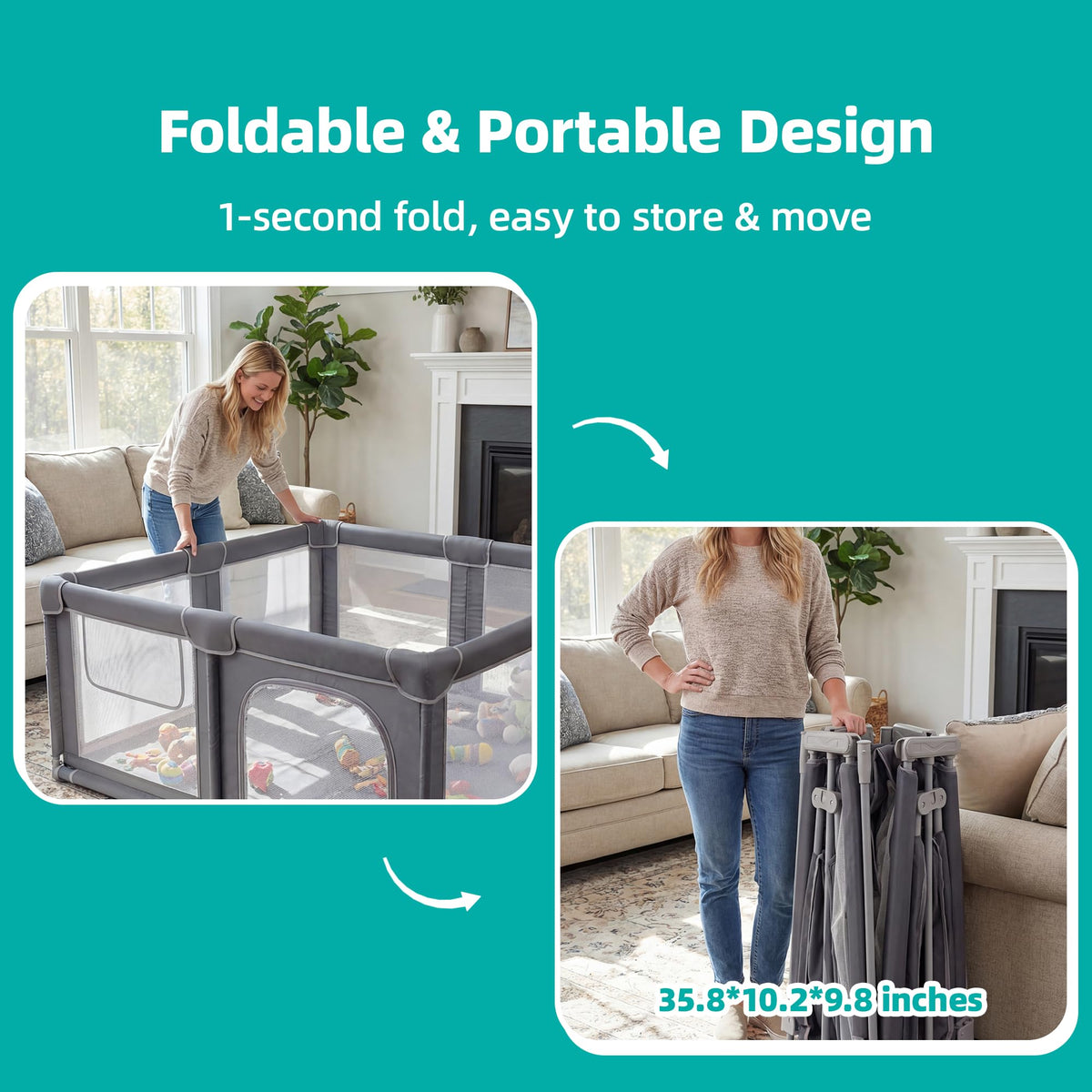 Foldable Baby Playpen with Mat, 71x59 Inches, Grey H453921
