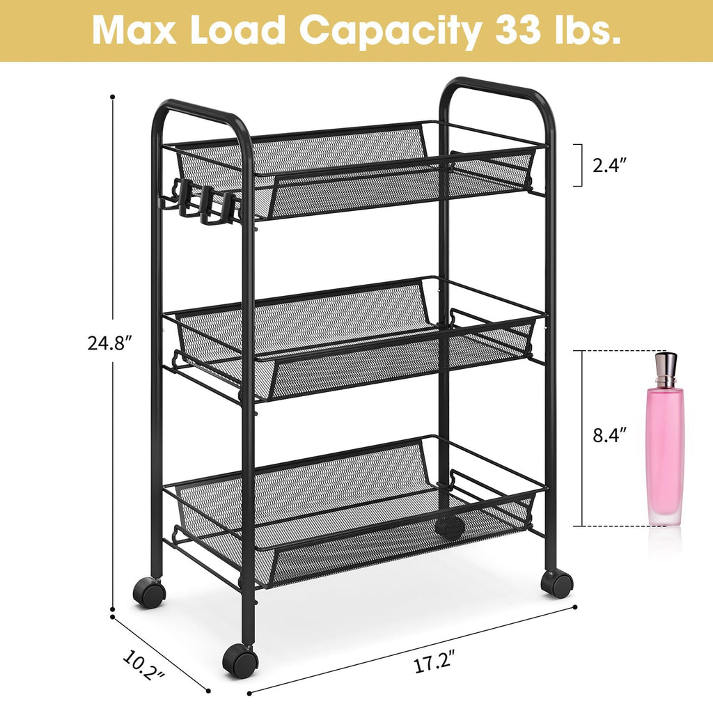 3 Tier Rolling Metal Storage Cart with Wheels, Black G118866