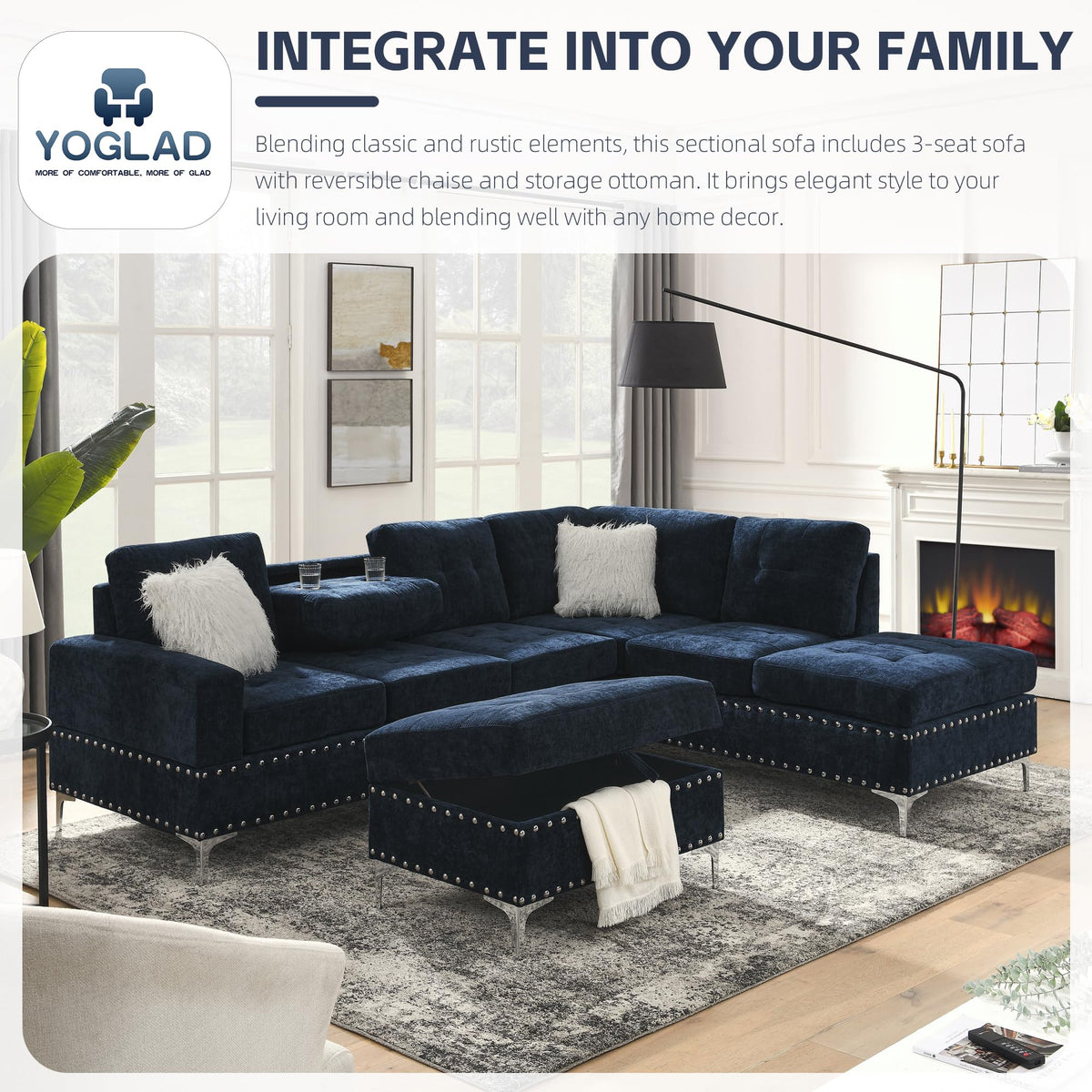 108'' Chenille Navy Blue L-Shaped Sectional Sofa with Storage Ottoman E9823