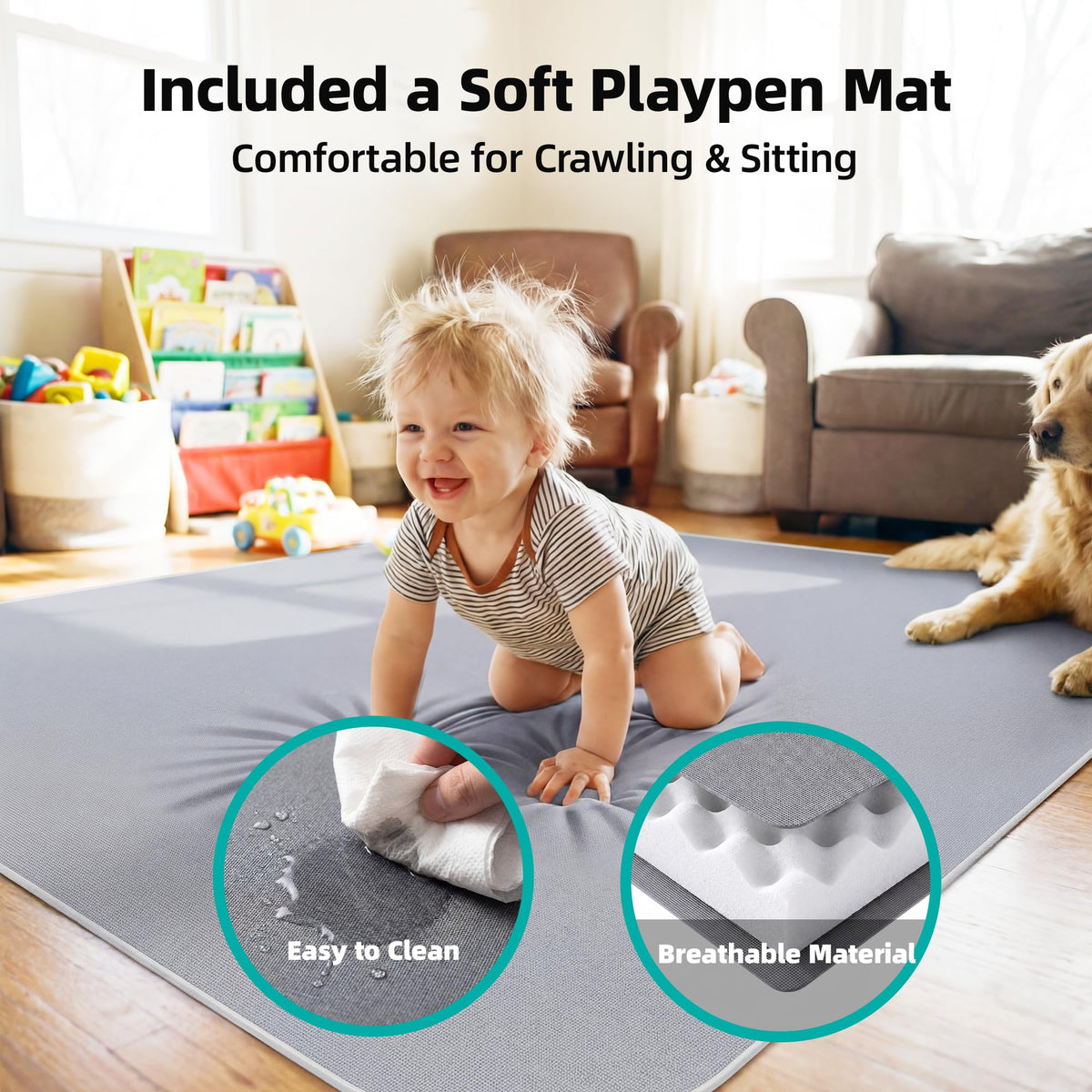 Foldable Baby Playpen with Mat, 71x59 Inches, Grey H453921