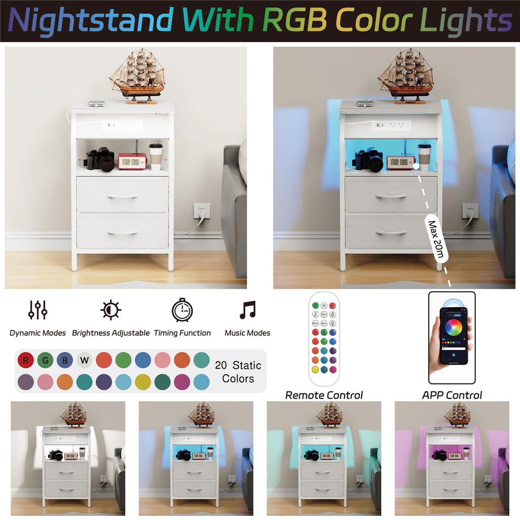 End Table with LED Lights, 2 Fabric Drawers and Charging Station B6208