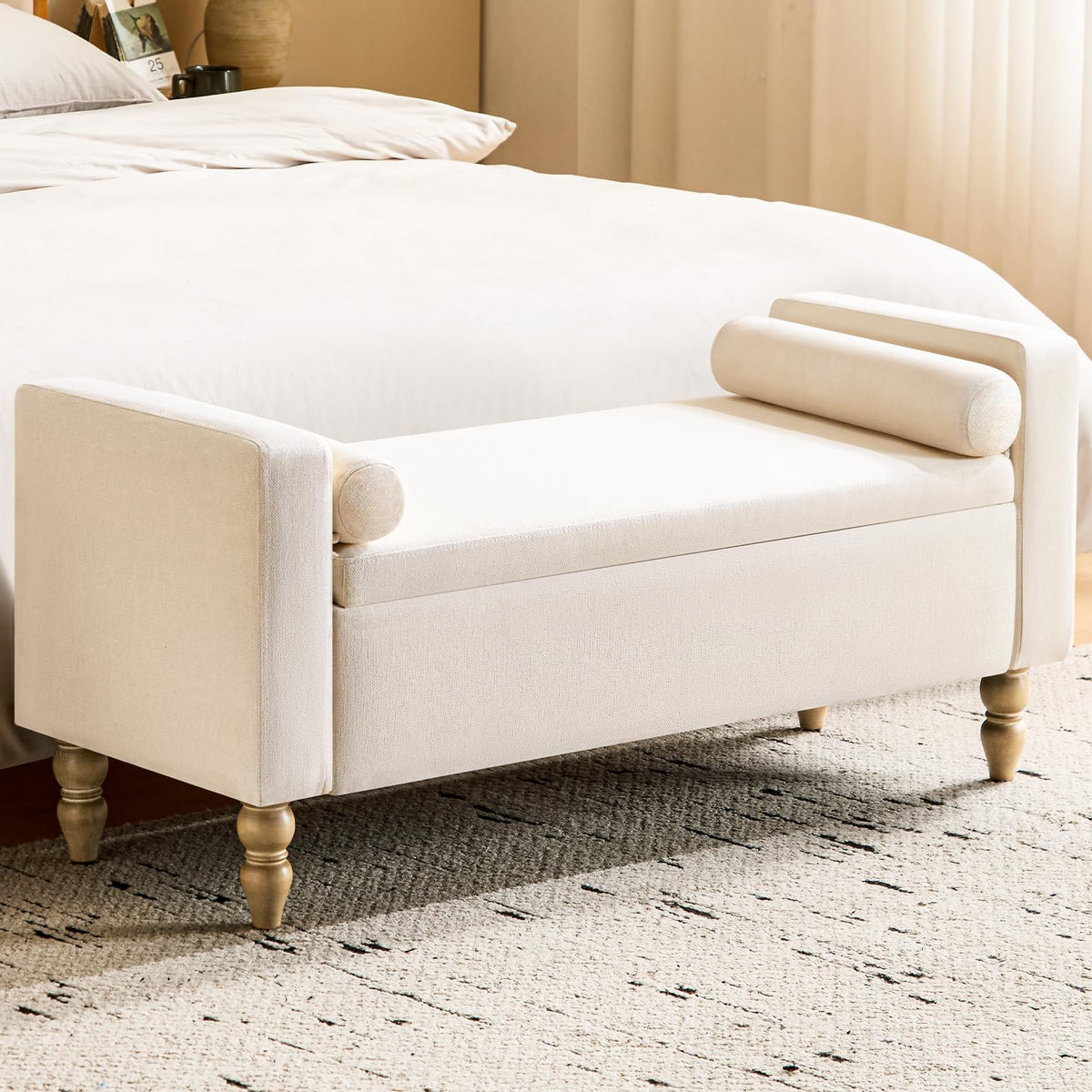 Beige Linen Storage Ottoman Bench N861