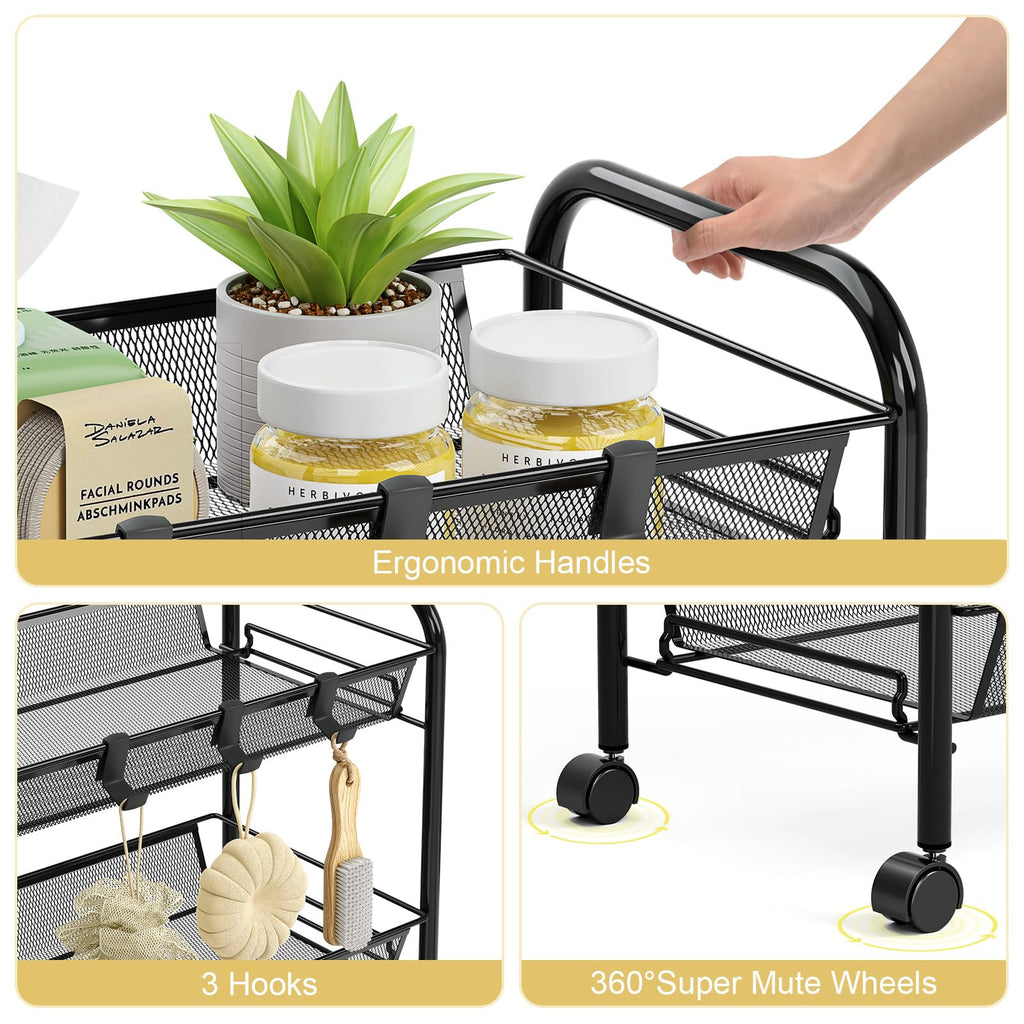 3 Tier Rolling Metal Storage Cart with Wheels, Black G118866