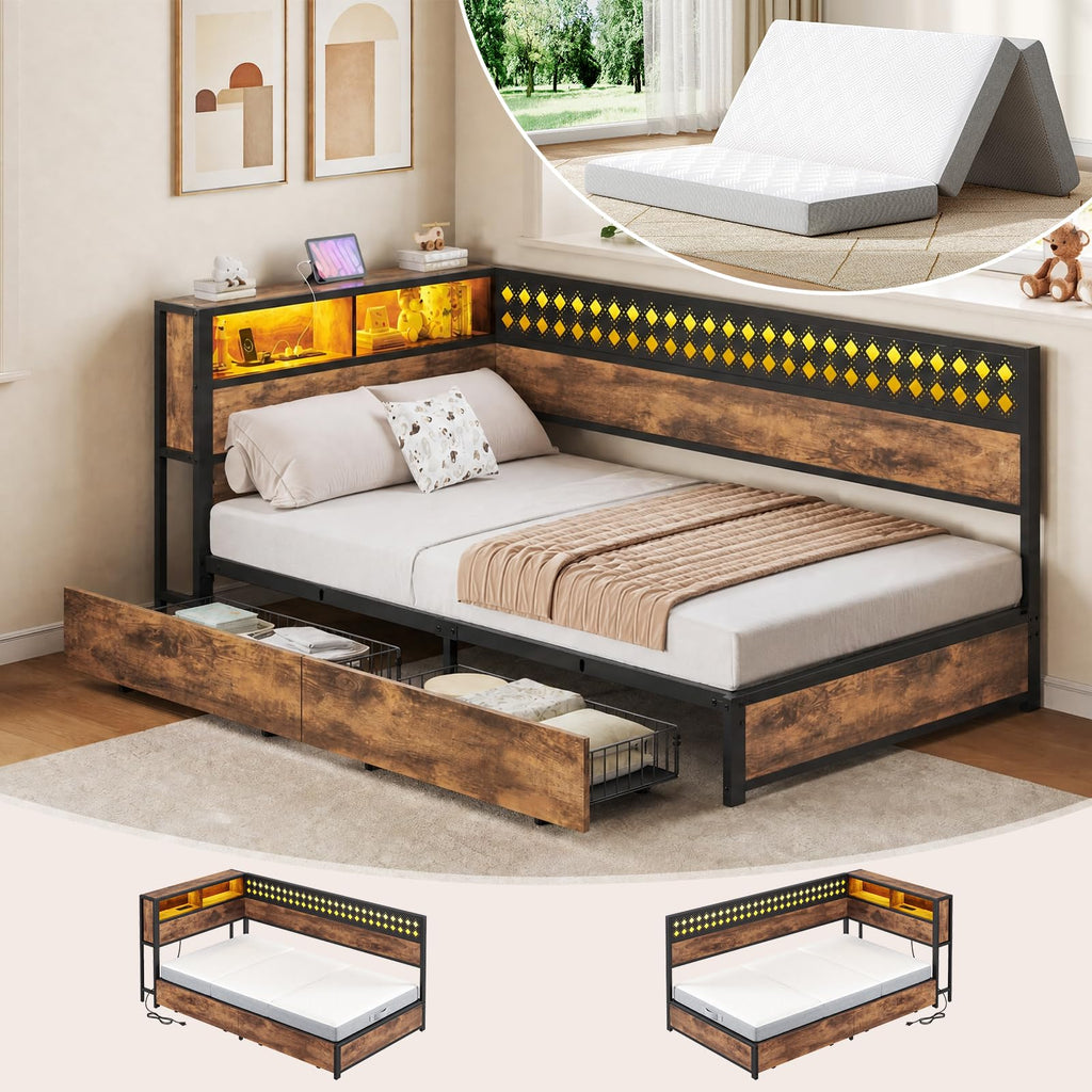 Twin Corner Bed Frame with Mattress and 2 Storage Drawers A43392