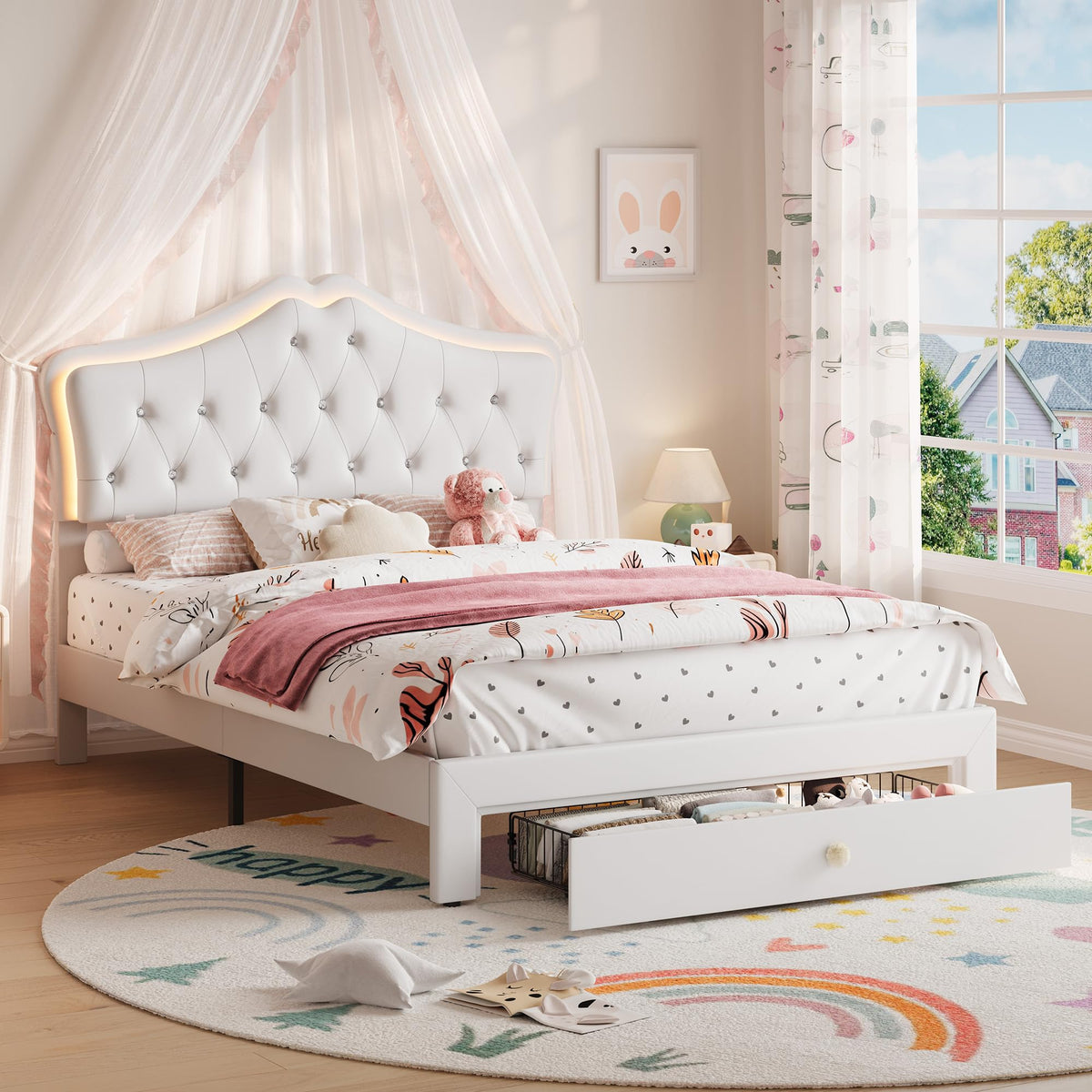 Beige Full Size Bed Frame with LED Lights Headboard T509999