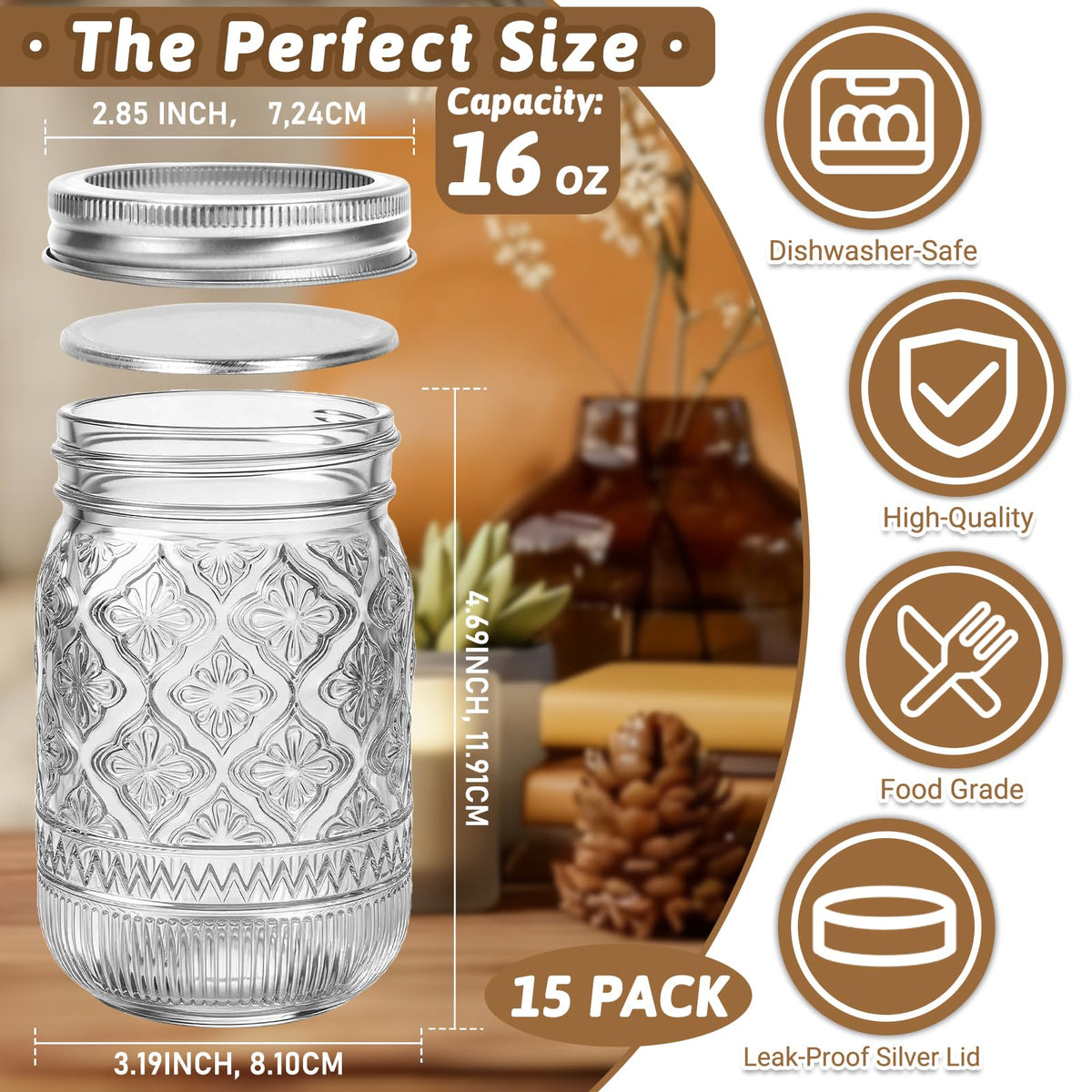 16oz Embossed Mason Jars 15-Pack with Airtight Lids B172