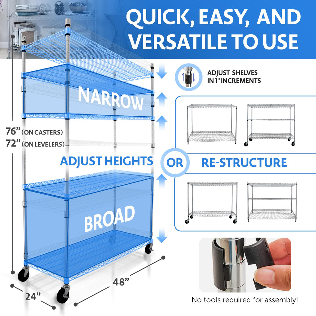 Heavy Duty 5-Tier Chrome Wire Shelving Rack with Casters K582663