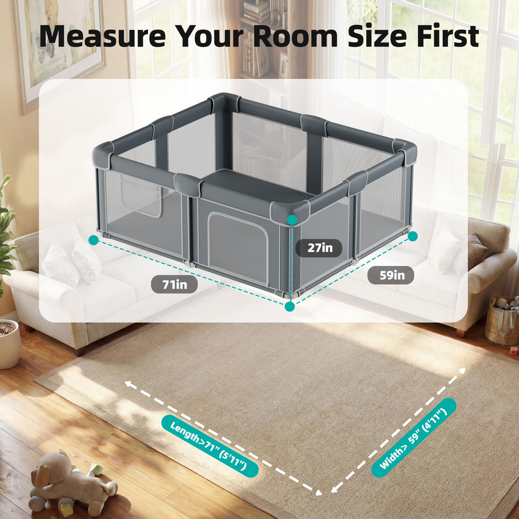 Foldable Baby Playpen with Mat, 71x59 Inches, Grey H453921