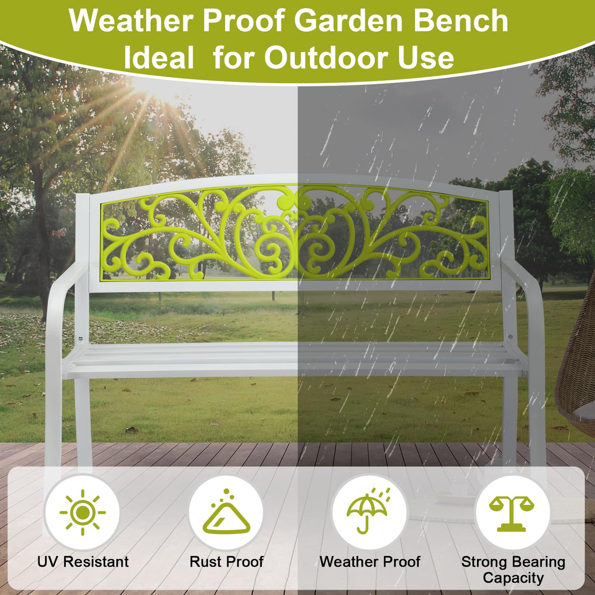 47in Weatherproof Metal Outdoor Bench with Back and Armrests D391