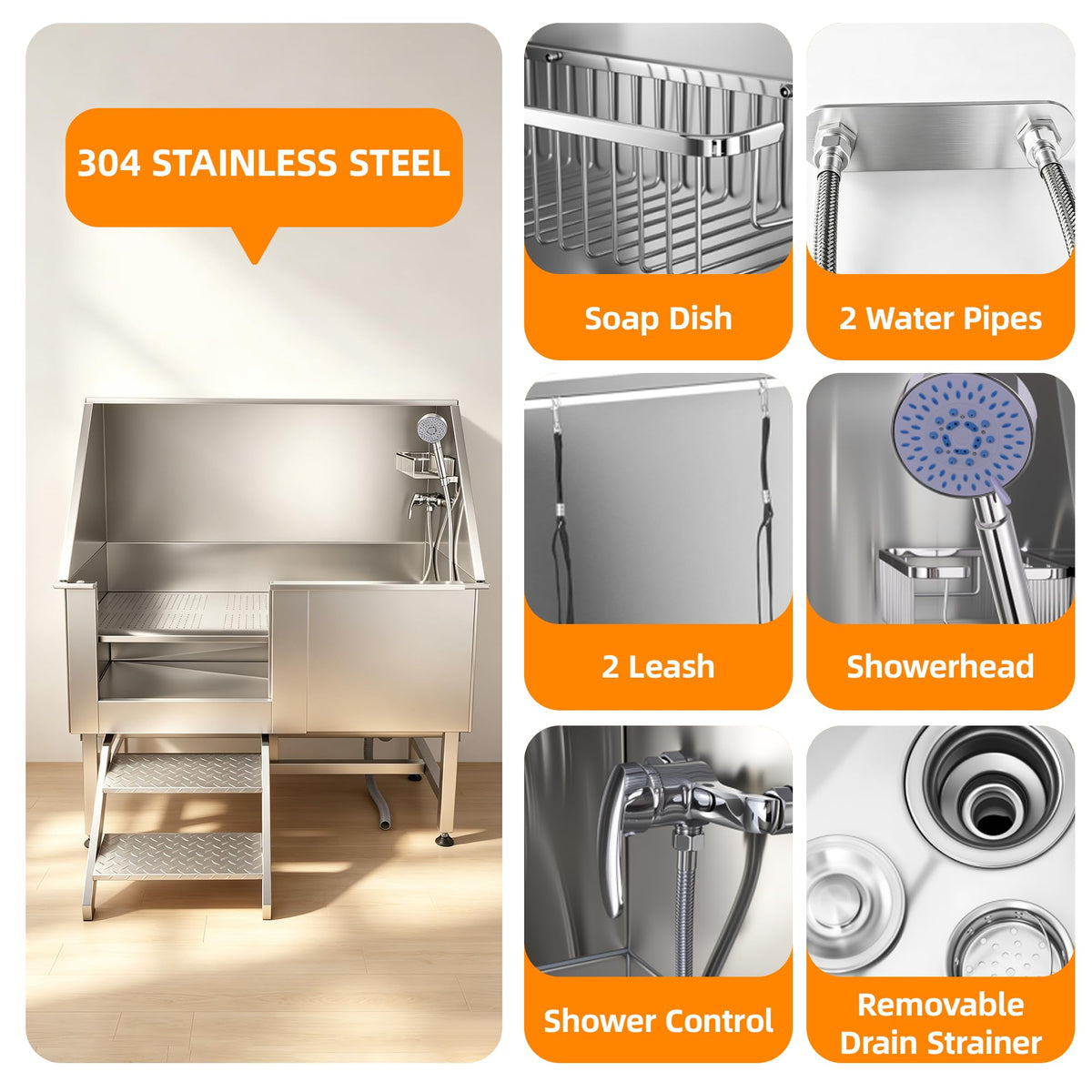 304 Stainless Steel Dog Washing Station with Stairs and 2 Drawers Y70359