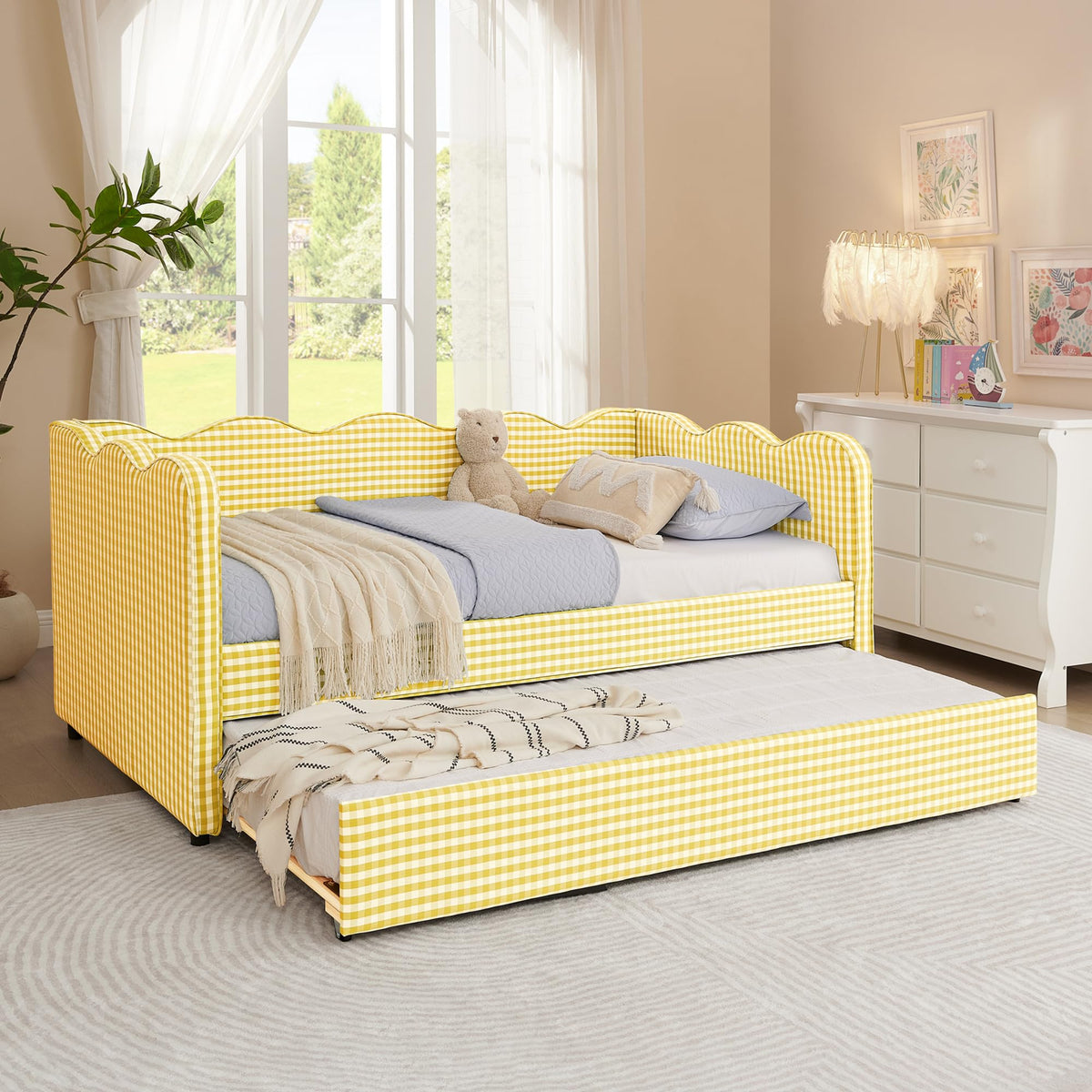 Twin Size Linen Upholstered Daybed with Trundle X7928