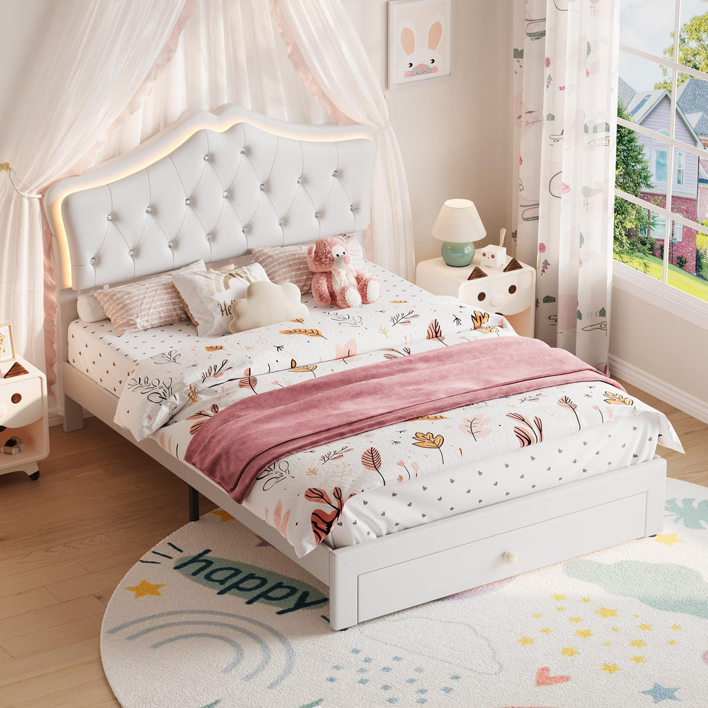 Beige Full Size Bed Frame with LED Lights Headboard T509999