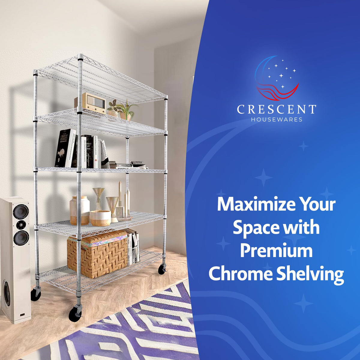 Heavy Duty 5-Tier Chrome Wire Shelving Rack with Casters K582663