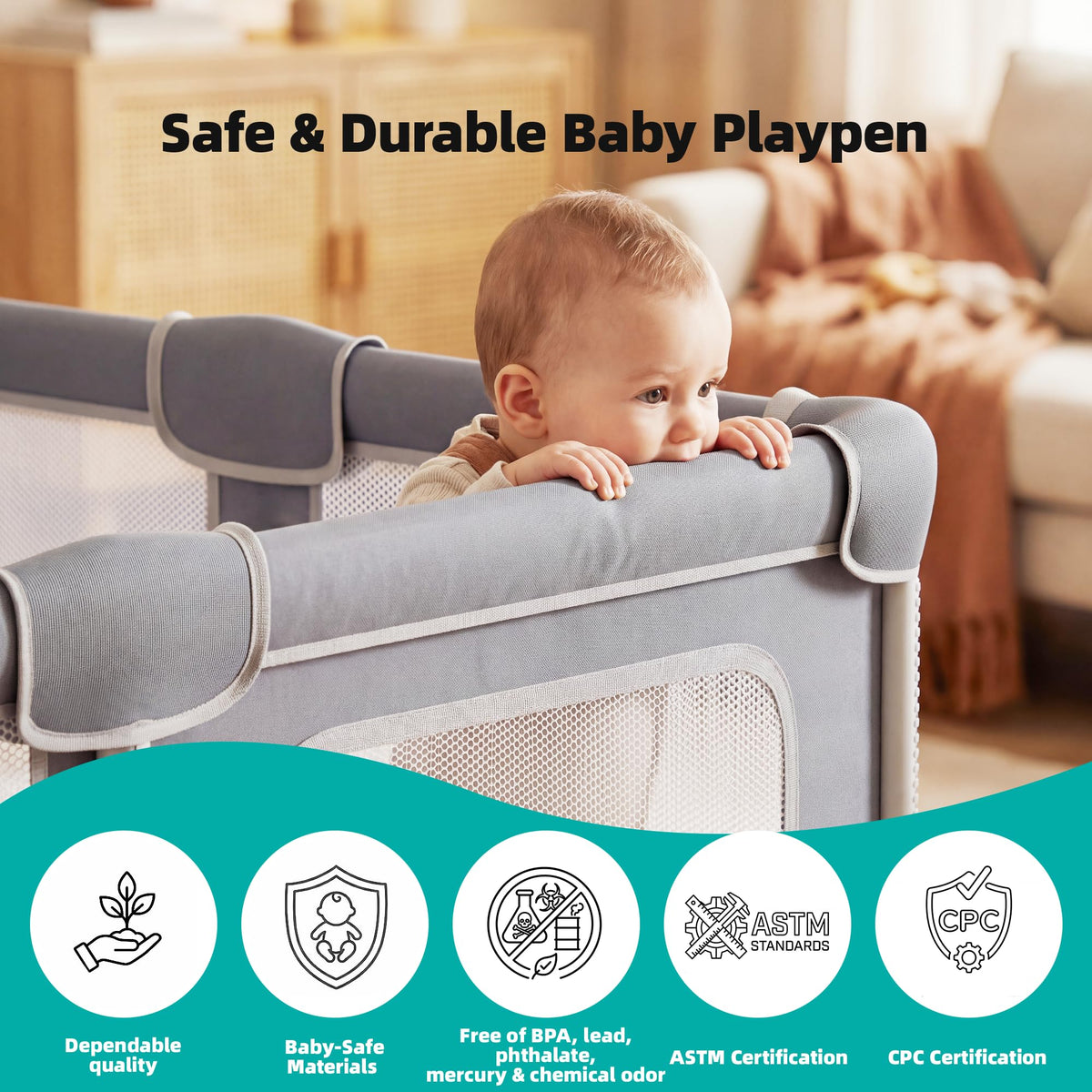 Foldable Baby Playpen with Mat, 71x59 Inches, Grey H453921