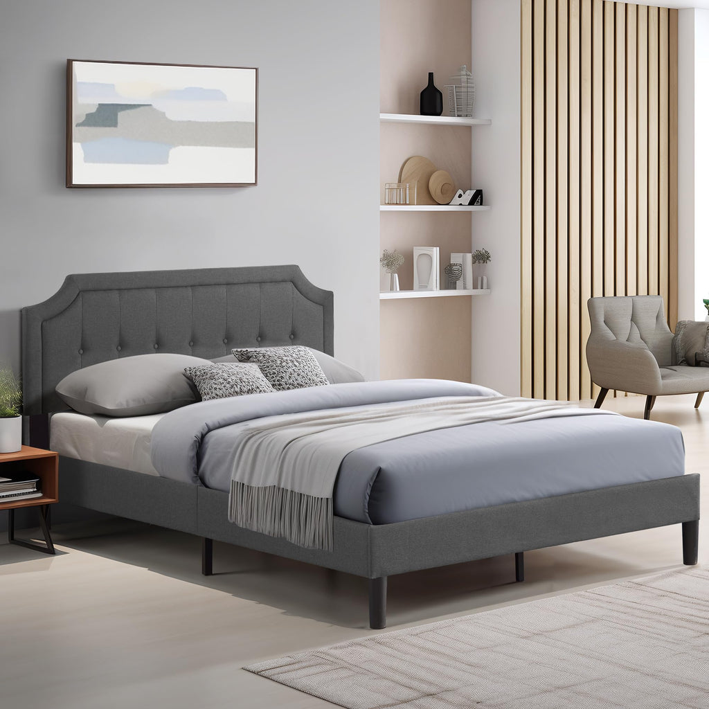 Queen Size Fabric Upholstered Platform Bed Frame with Wooden Slats I480792
