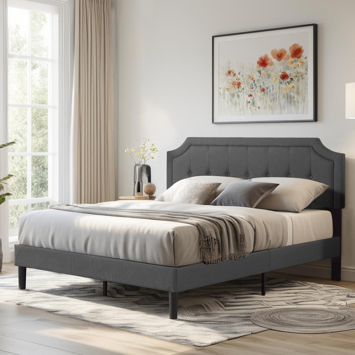 Queen Size Fabric Upholstered Platform Bed Frame with Wooden Slats I480792