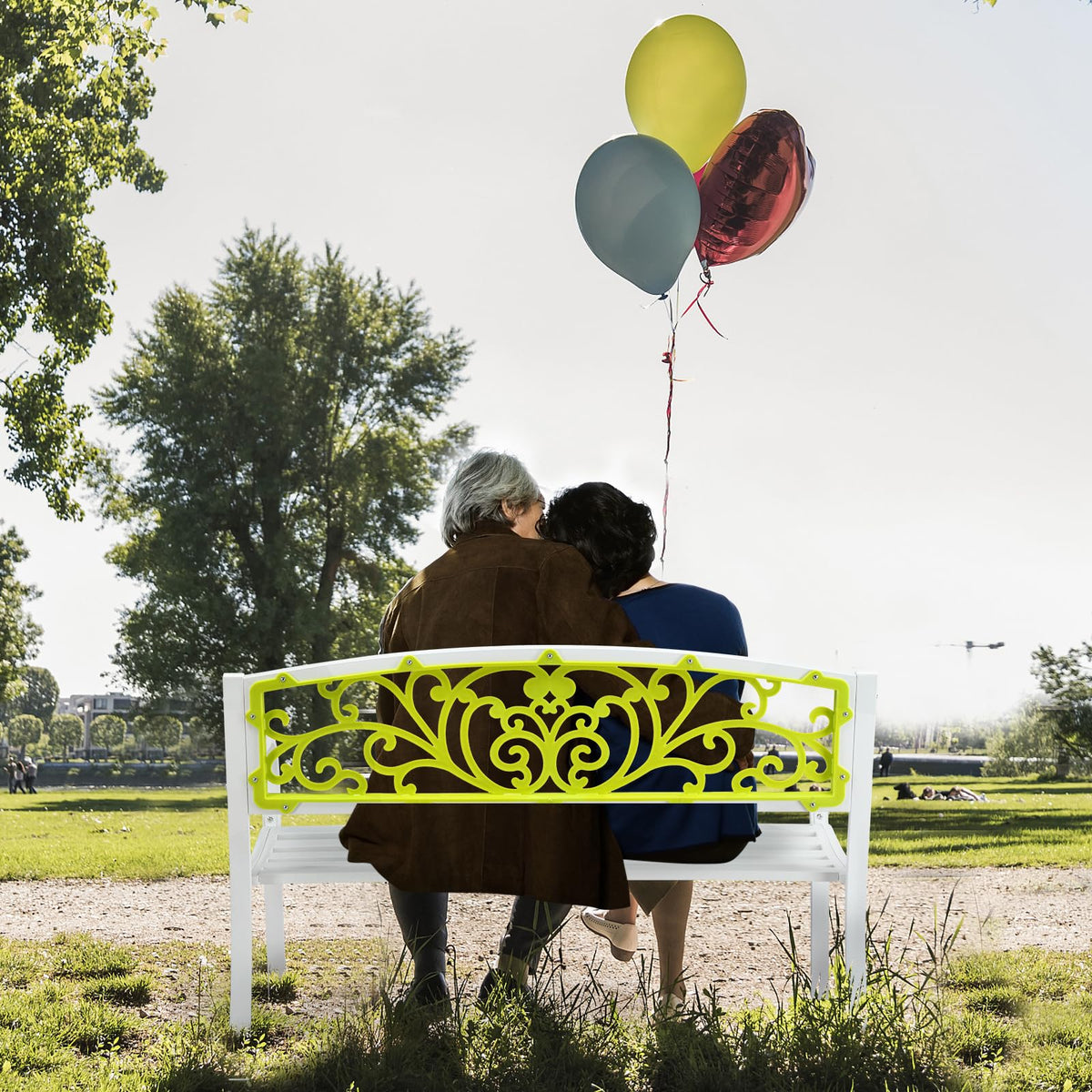 47in Weatherproof Metal Outdoor Bench with Back and Armrests D391