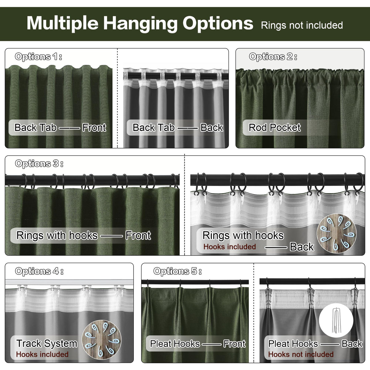Dark Olive Green 96 Inch Blackout Curtains 2 Panels Set W4132