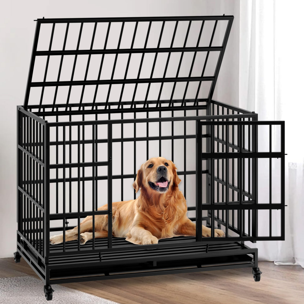 48 Inch Heavy Duty Collapsible Metal Dog Crate with Wheels I485