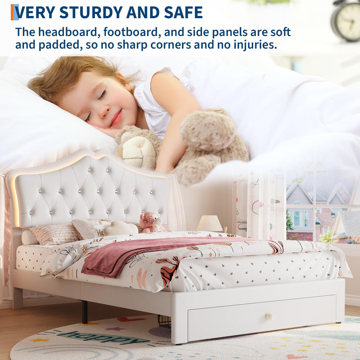 Beige Full Size Bed Frame with LED Lights Headboard T509999