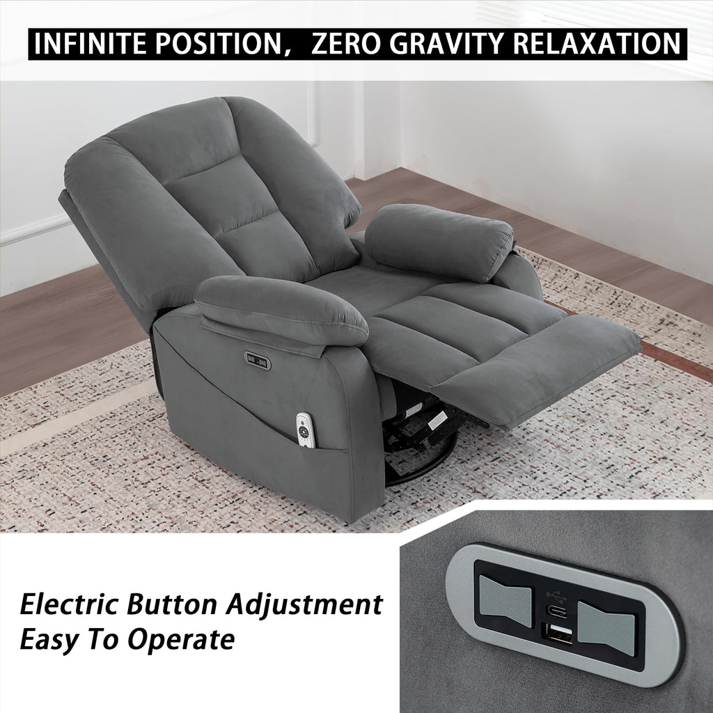 Velvet Grey Power Swivel Rocker Recliner with Massage and Heat Z5983