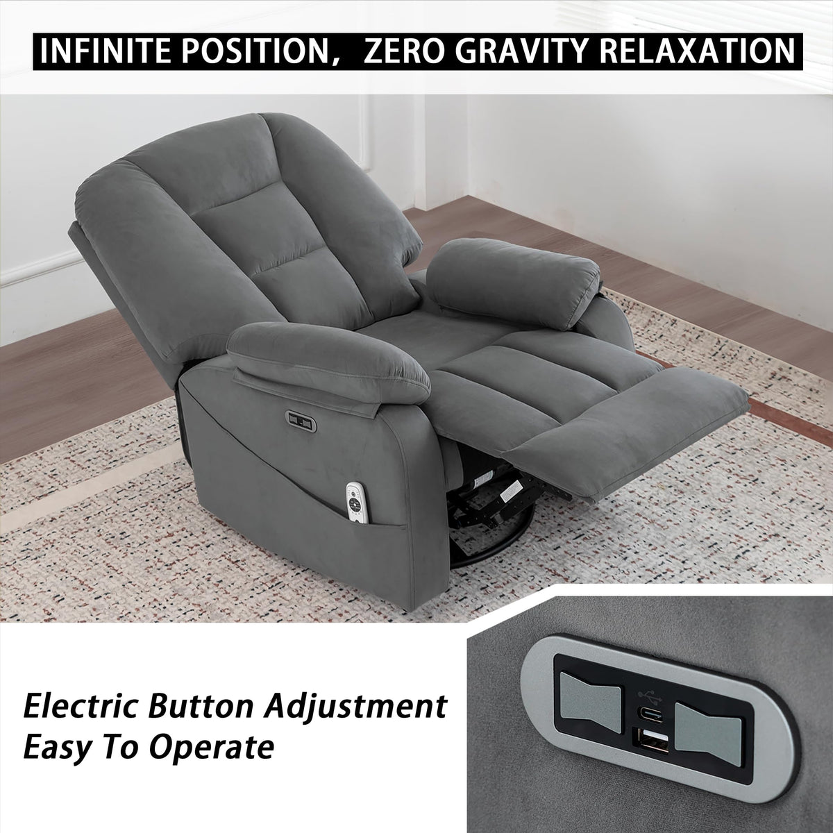 Velvet Grey Power Swivel Rocker Recliner with Massage and Heat Z5983
