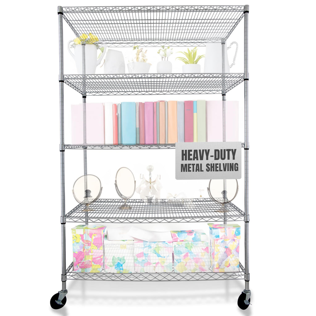 Heavy Duty 5-Tier Chrome Wire Shelving Rack with Casters K582663
