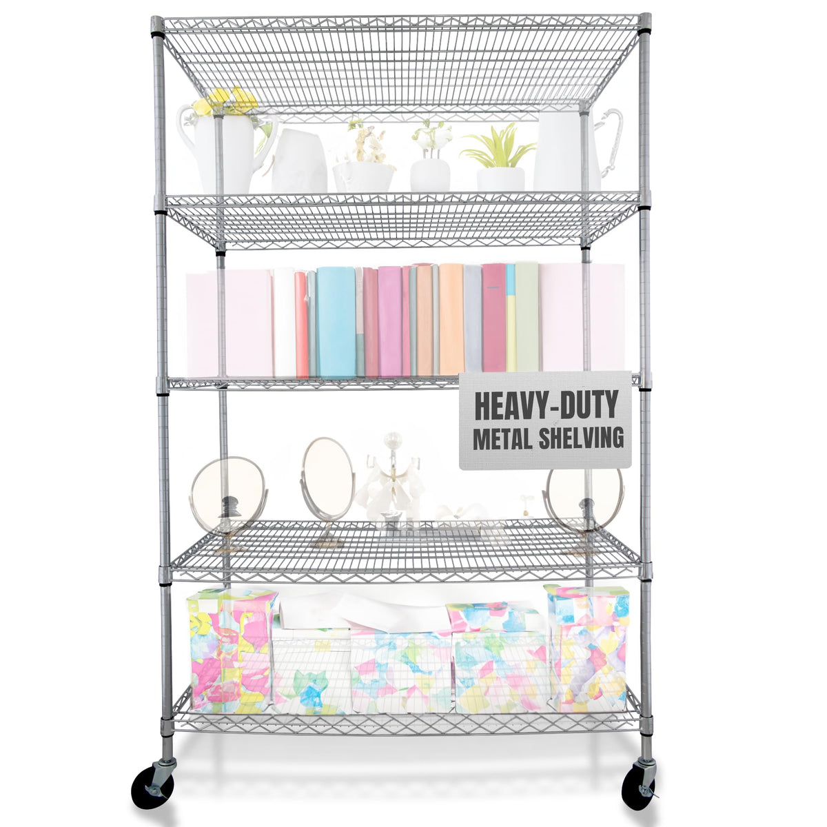 Heavy Duty 5-Tier Chrome Wire Shelving Rack with Casters K582663