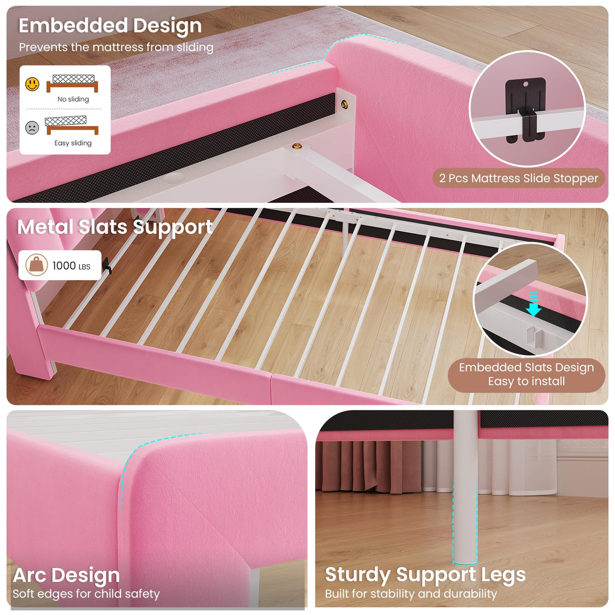 Pink Velvet Upholstered Twin Size Platform Bed with Storage Drawer O796972
