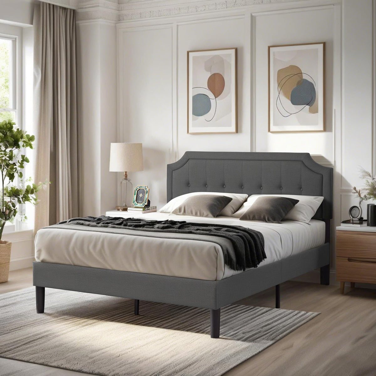Queen Size Fabric Upholstered Platform Bed Frame with Wooden Slats I480792