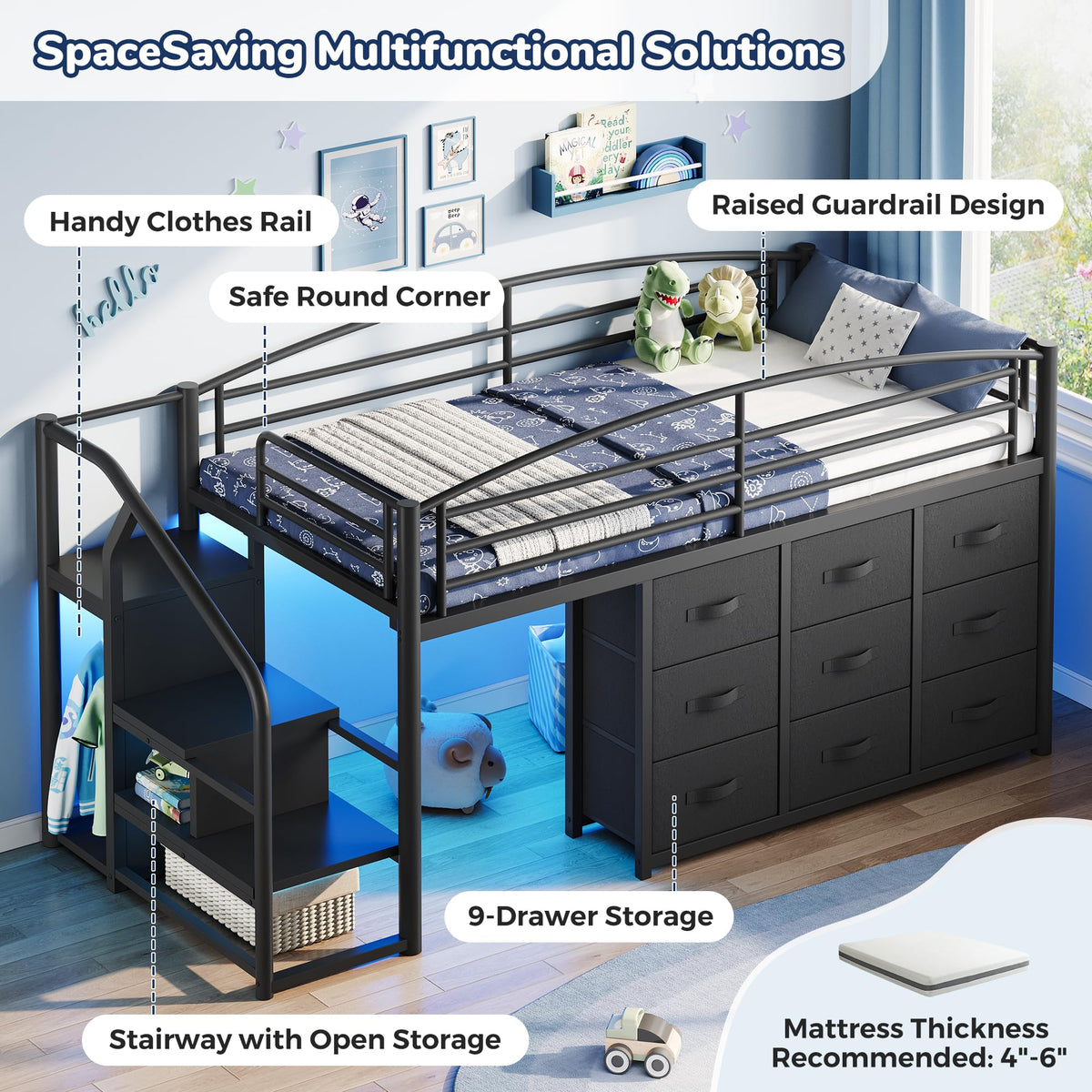 Twin Metal Loft Bed with 9 Storage Drawers and Guardrail X689