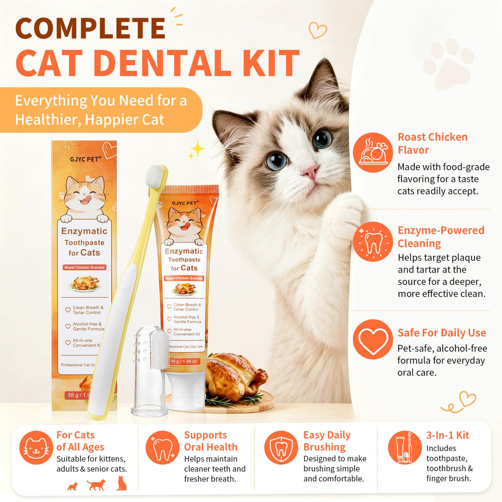 55g Roasted Chicken Enzymatic Cat Tooth Brushing Kit with Soft Bristles Toothbrush & Finger Brush F799723