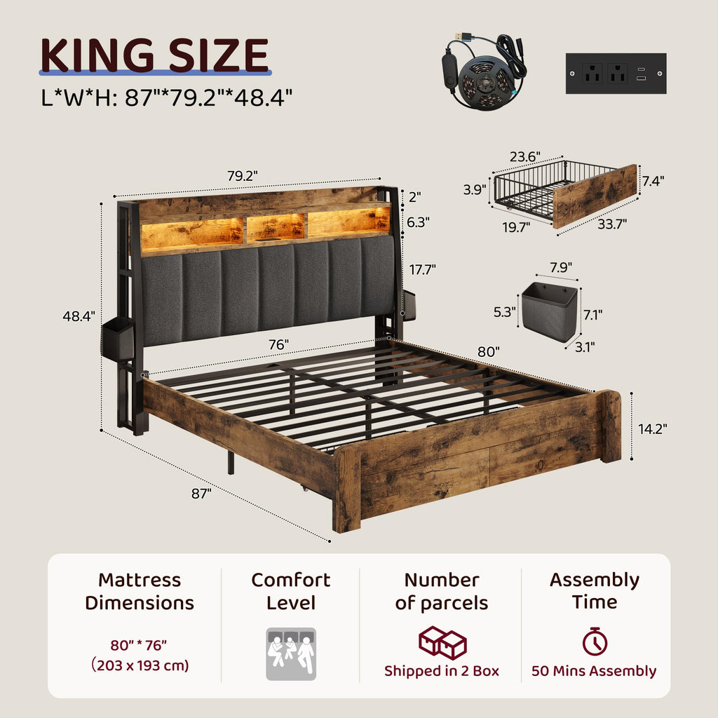 King Size Wood Bed Frame with 2 Storage Drawers L7221
