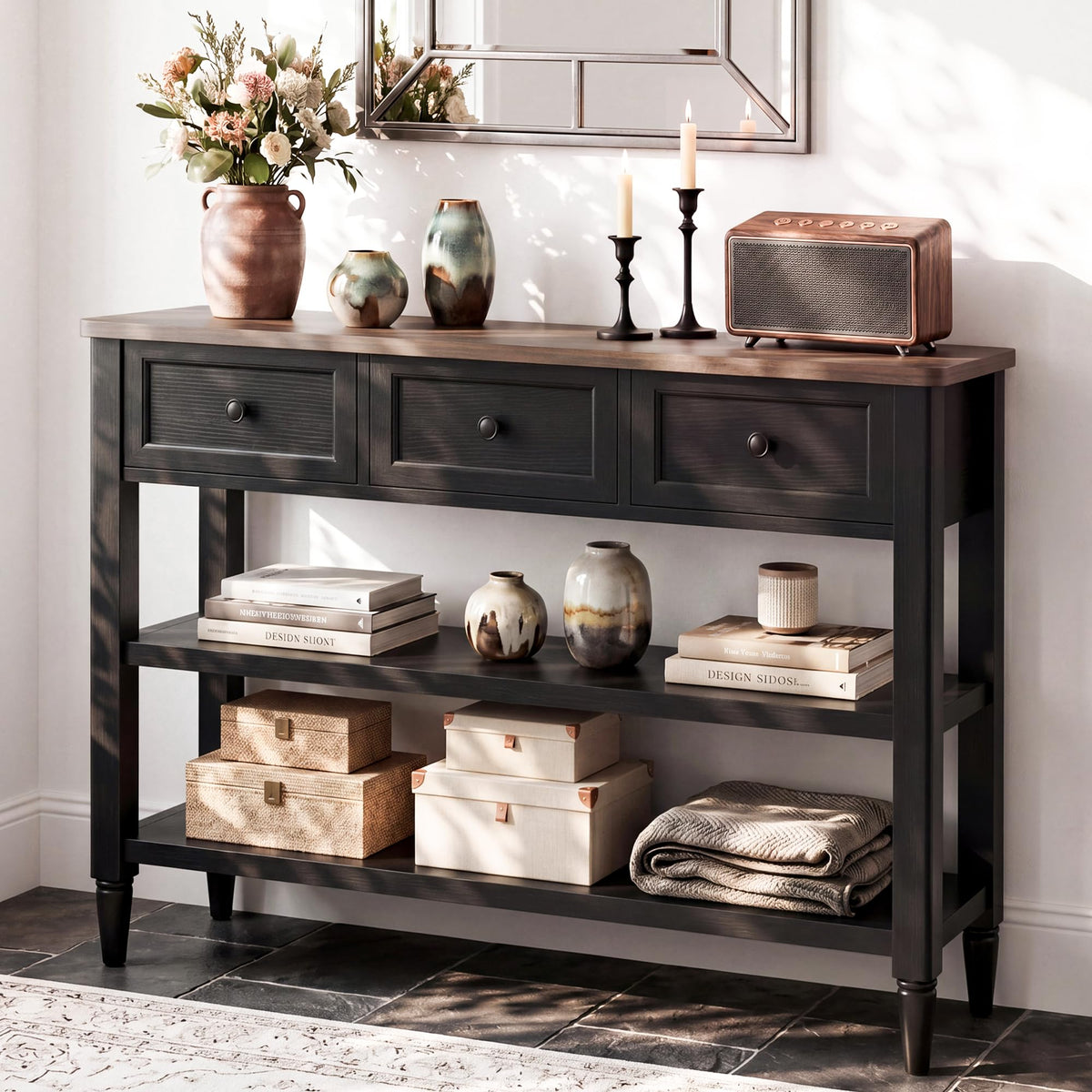 43" Narrow Console Table with 3 Drawers and 2 Shelves J24827