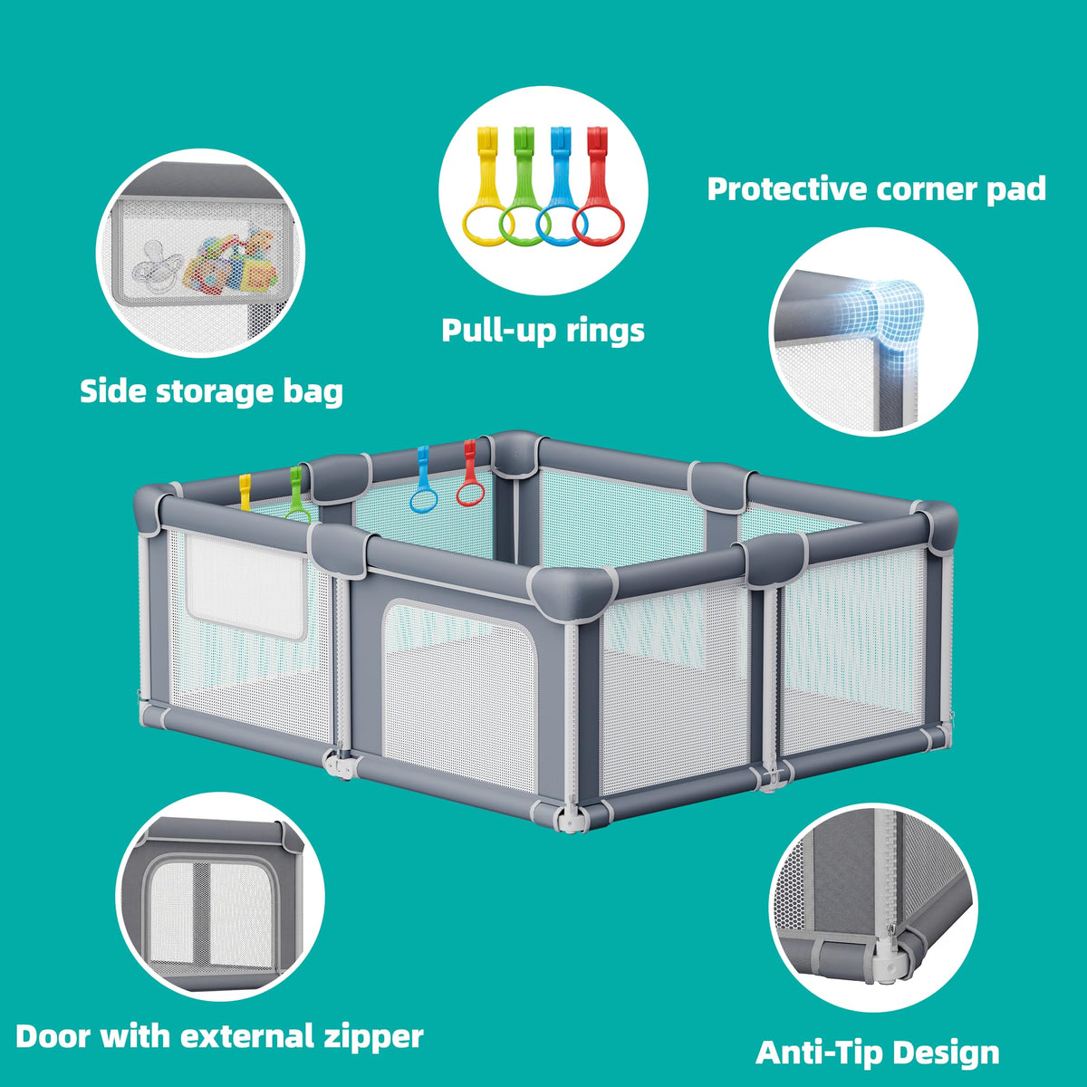 Foldable Baby Playpen with Mat, 71x59 Inches, Grey H453921