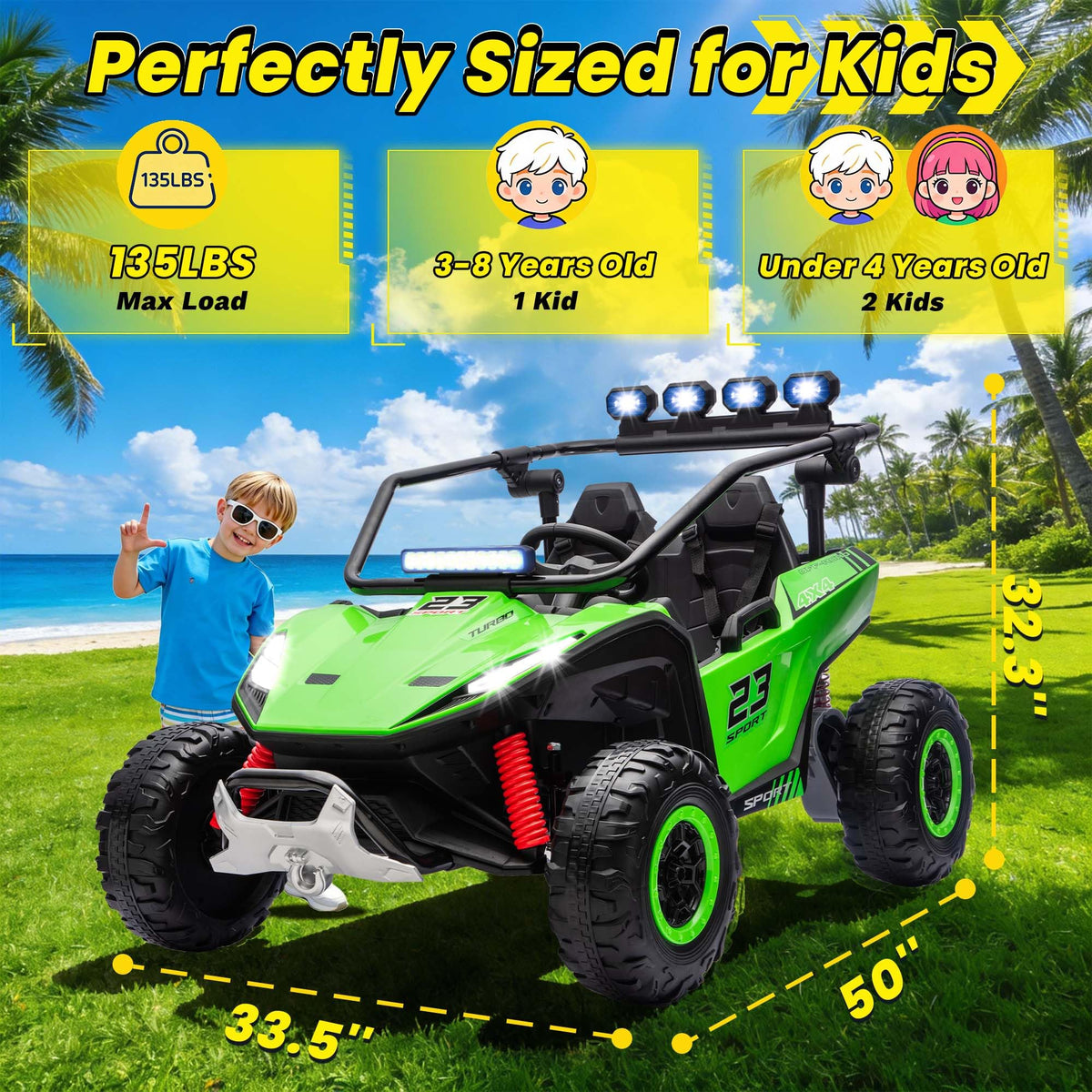 2-Seater Kids UTV with 4x200W Motor, 3-6MPH, Green U785