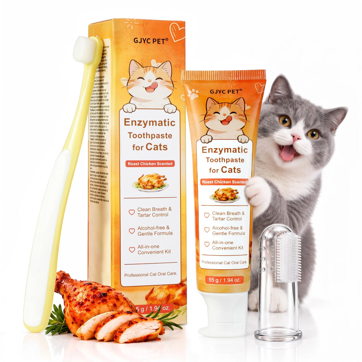 55g Roasted Chicken Enzymatic Cat Tooth Brushing Kit with Soft Bristles Toothbrush & Finger Brush F799723
