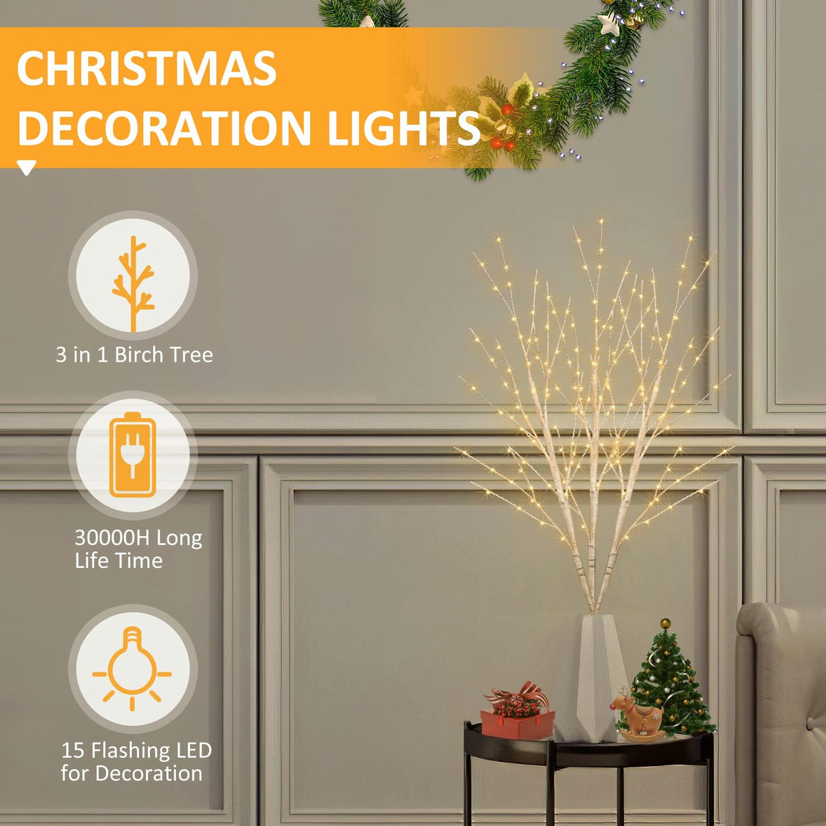 Lighted Birch White Tree Branches 33IN 180LED with Timer I834