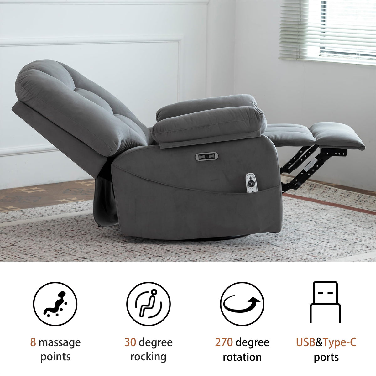 Velvet Grey Power Swivel Rocker Recliner with Massage and Heat Z5983