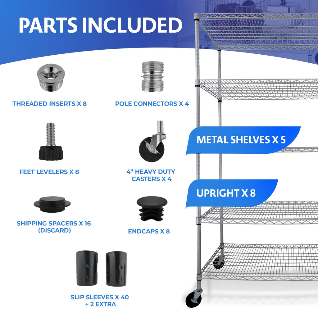 Heavy Duty 5-Tier Chrome Wire Shelving Rack with Casters K582663