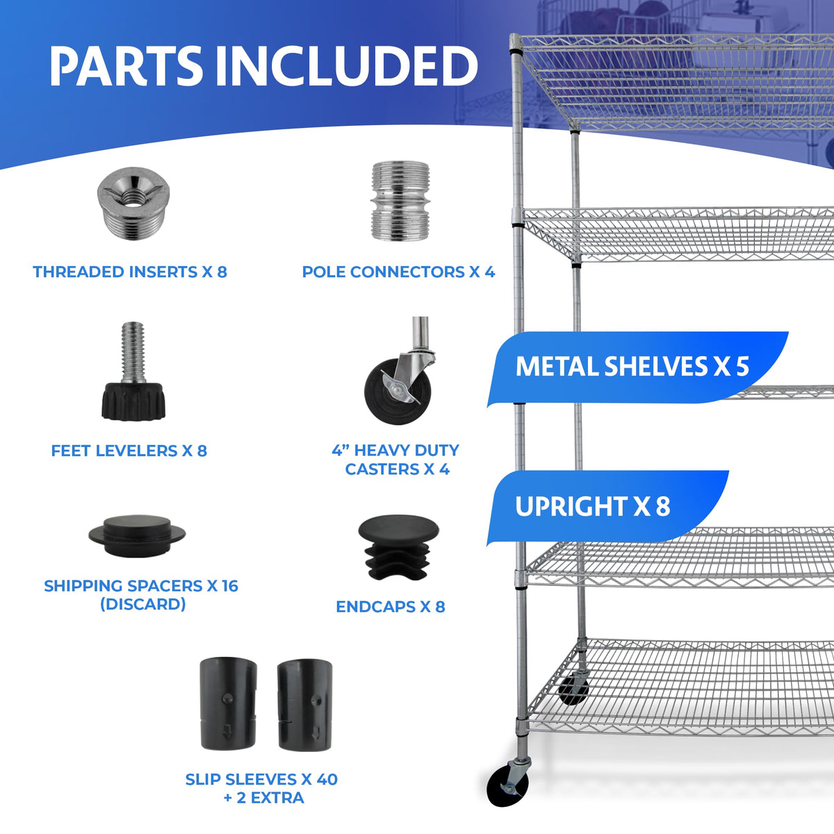 Heavy Duty 5-Tier Chrome Wire Shelving Rack with Casters K582663
