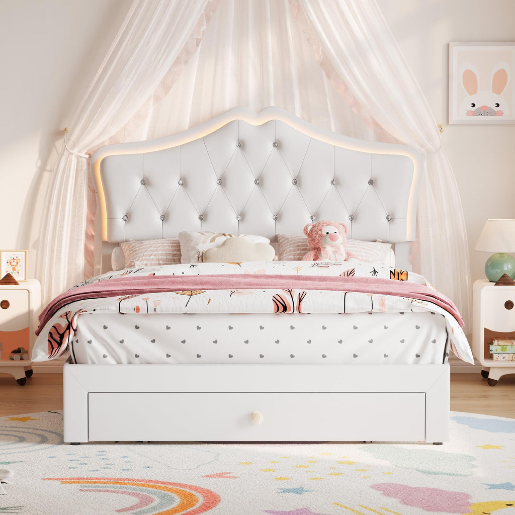 Beige Full Size Bed Frame with LED Lights Headboard T509999