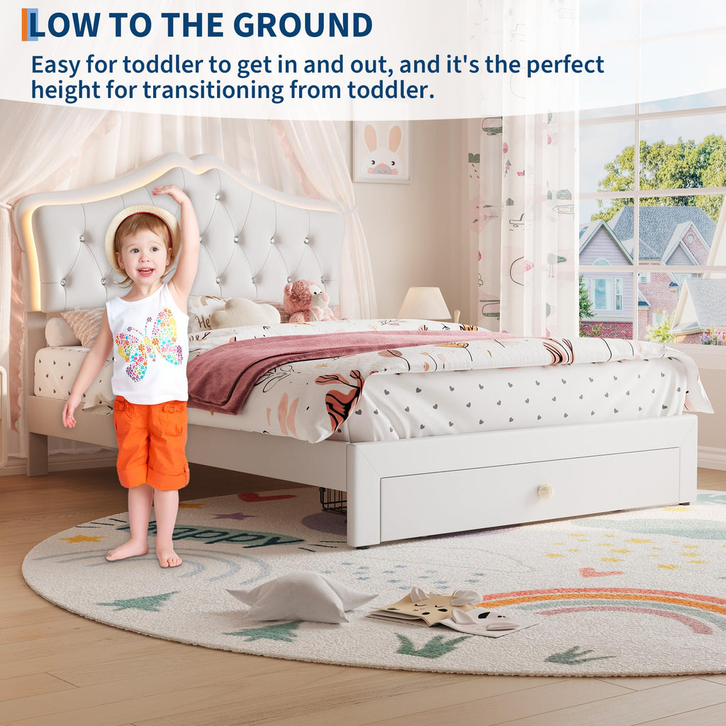 Beige Full Size Bed Frame with LED Lights Headboard T509999
