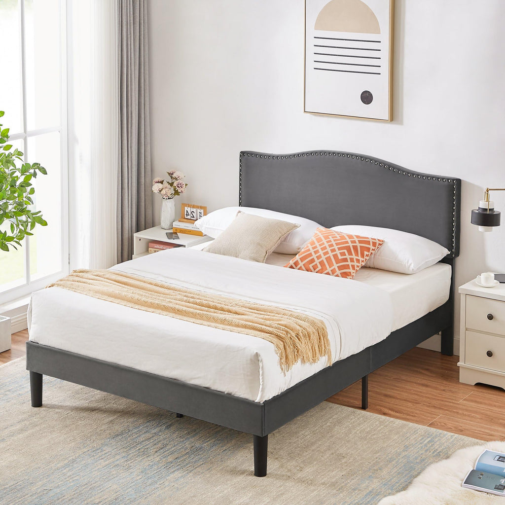 Full Bed Frame with Upholstered Headboard and Wooden Slats, Dark Grey Y639